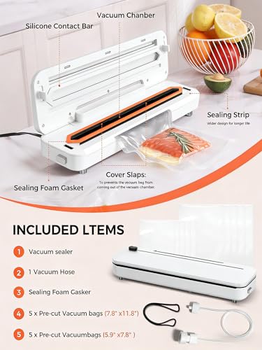 Image of Vacuum Sealer Machine 75KPa Food with 6-in-1 Dry /Moist Modes & Digital Timer, Compact Lightweight Design, Built-in Cutter + 10 Bags (white)