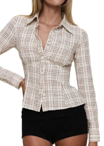 Adoeren Women Corset Button Down Shirts Gingham V Neck Long Sleeve Tops Fitted Casual...