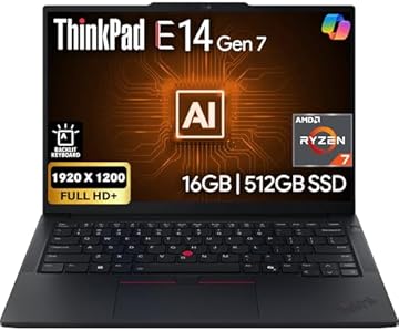 ThinkPad E14 Gen 7 14" FHD+ Display, AMD Ryzen 7 250 (Beats Core 7 240H), 16GB DDR5 RAM, 512GB SSD PCIe, Backlit KB, WiFi 6E + BT, RJ-45, FHD Webcam, Windows 11 Pro, AI Business Laptop - Black