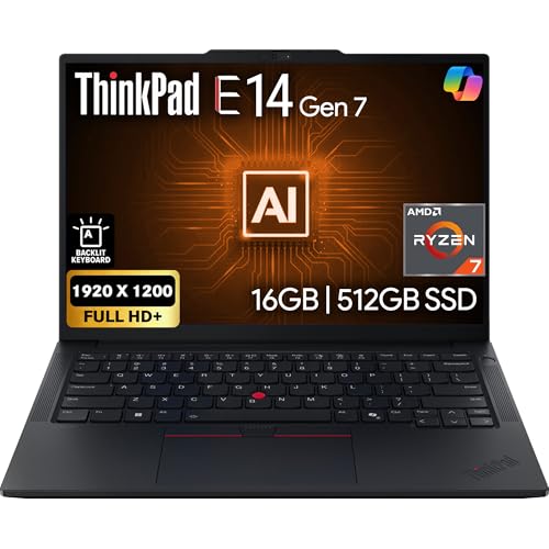 Lenovo ThinkPad E14 Gen 7 14' FHD+ Display, AMD Ryzen 7 250 (Beats Core 7 240H), 16GB DDR5 RAM, 512GB SSD PCIe, Backlit KB, WiFi 6E + BT, RJ-45, FHD Webcam, Windows 11 Pro, AI Business Laptop - Black