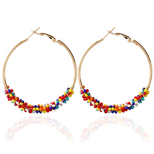 2 Pairs Bohemian Colorful Beads Circle Round Hoop Earrings Gold Hoop Dangle Earrings For Women Vintage Boho Jewelry-Colorful #TOP2