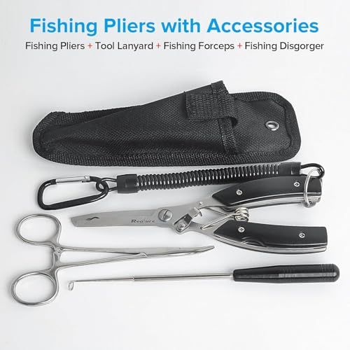 Realure 3 Pcs Portable Fishing Pliers Set with Lanyard, Include Curved Fishing Forceps, Disgorger Fishing, Multi Pliers Tool for Hook Remover, Split Ring, Fishing Gift for Men, Stainless Steel, Black - Image 2