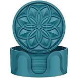 HFHOME Silicone Coasters Set with Holder - 6 Pack Drink Coasters for Coffee Table, Bar, Desk - Tabletop Protection Gift - Blue