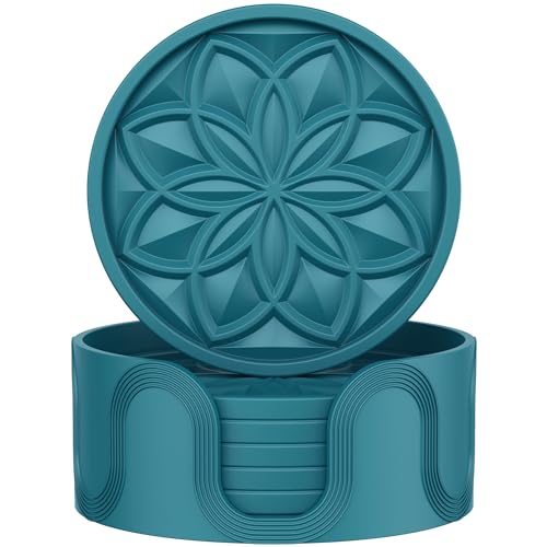 HFHOME Silicone Coasters Set with Holder - 6 Pack Drink Coasters for Coffee Table, Bar, Desk - Tabletop Protection Gift - Blue