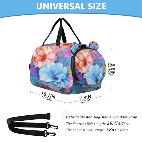 YETTASBIN Sport Travel Duffel Bag for Girls Boys, Watercolor Flower Large Waterproof Weekender Overnight Bag, Detachable Shoulder Strap Gym Bag with Shoe Compartment & Wet Pocket3