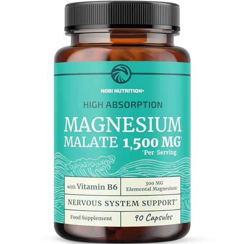 Magnesium Malate 1500MG | Energy & Nervous System Support | 300MG Elemental Mag Per Serving | High Absorption Magnesium Malate Capsules with Vitamin B6 & BioPerine | Non-GMO | 90 Ct (1 Month Supply)