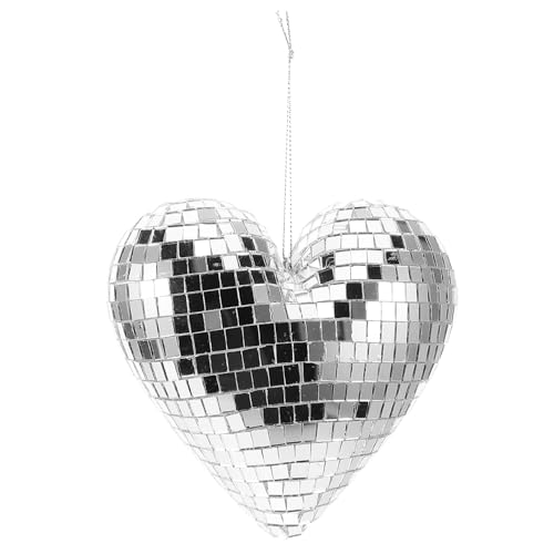 LUOZZY Disco Ball Ornaments Loving Heart Shaped Disco Ball Pendents with Rope Glitter Reflective Disco Ball Hanging Ornaments for Disco Theme Party Decoration - Silver