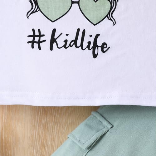 Image of Ayzozuy Kid Girl Clothes Outfits Figure Letter Graphic Tee Top + Flap Pocket Pants 2PC Clothing Set