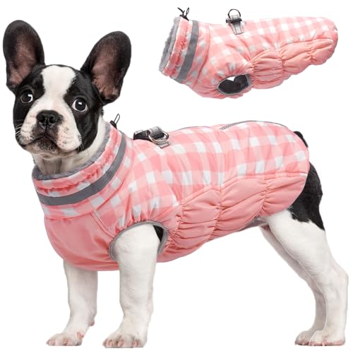 FUAMEY Dog Coat for Small Dogs,Waterproof Dog Winter Jacket with Harness Built in Puppy Cold Weather Coats Reflective Pet Vest with Zipper Warm Fleece Dogs Snowsuit Windproof Pink Plaid XS X