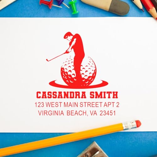 Image of Golf Swing Silhouette Pre-Inked Rubber Stamp - Envelope Address Stamp | Golf Address Stamp. Pre Inked Return Stamp. Choice of 5 ink colors. Your name and address. Refillable reservoir.
