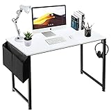 Lufeiya Computer Desk White Writing Table for Small Spaces Home Office 39 Inch Modern Study PC Des,with Storage Bag Hook (White Black)