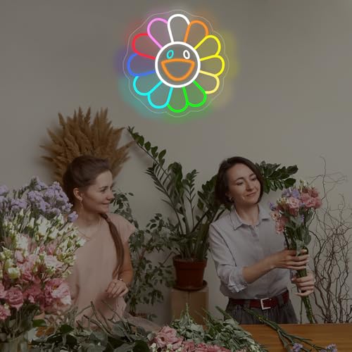 Image of Smiling Sunflower Neon Sign for Wall Decor, LED Neon Wall Art for Room Decor Aesthetic, Cute Rainbow Flower Neon Light Sign, Inspirational Positive Gifts for Friends, 14 inchx13.8 inch