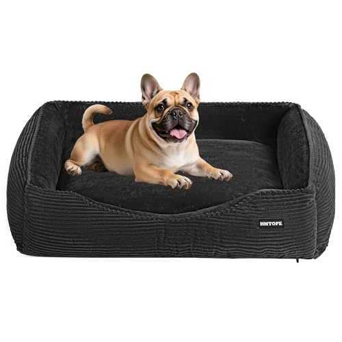 HMTOPE Hundebett, Hundesofa, Hundematte aus Cord, S/M/L, rutschfest, Abnehmbar und Waschbar, Weich und Atmungsaktiv, Dunkelgrau, 76 x 61 x 23 cm