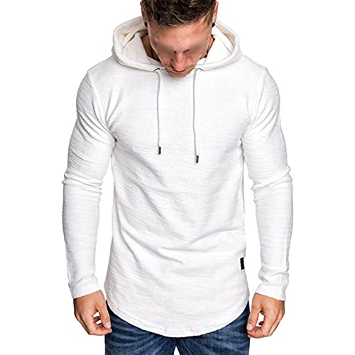 Men's Gym Workout Athletic Hoodies Long Sleeve Sport Hooded Sweatshirts Lightweight Solid Color Pullover Hoodie (White,Large)