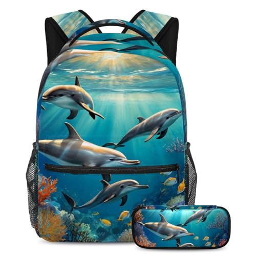 Sac à dos dauphin avec trousse scolaire pour enfants, ensemble de 2 pièces multicolore 40cm
