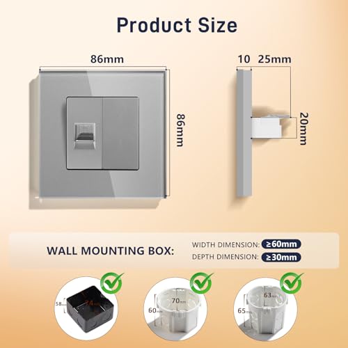 BSEED Gniazdko ścienne EU Standard 1/2 PC RJ45-Cat5 Ethernet gniazdo sieciowe, gniazdo sieciowe, gniazdo LAN podtynkowe z 1/2 pustym gniazdkiem, płyta ze szkła kryształowego, szara, 86 mm