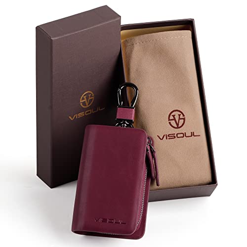 Image of VISOUL Car Key Case Holder Double Zipper, Leather Car Smart Key Fob Case with Keychain for Men and Women