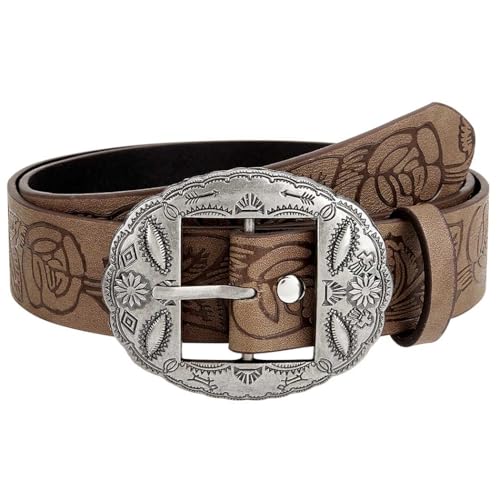 Tgirls Brown Western Belts for Women Vintage Leather Belt with Buckle Cowgirls Belt for Jeans