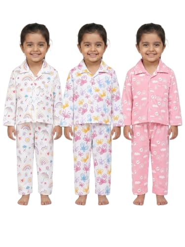 Image of The Mom Store Cotton Night Suit for Kids Boys and Girls | Breathable Night Dress for Kids Boys and Girls | Printed Pajama Set | All-Season Daily Use Sleepwear | Wings, Multi | 7-8Y | Pack of 3
