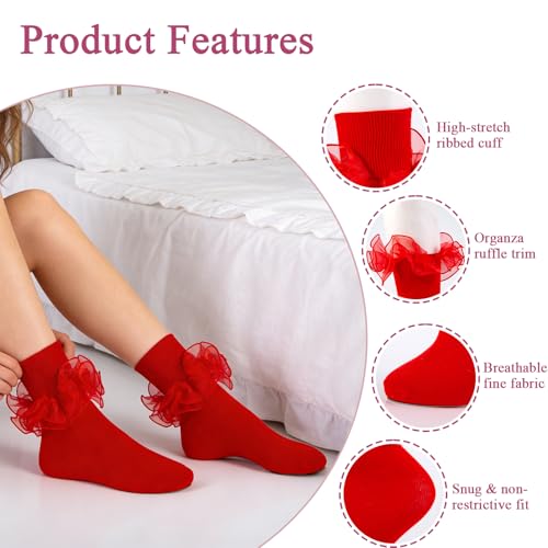 Image of Women Big Ruffle Ankle Socks Adult Double Lace Frilly Turn Cuff Dress Socks Cotton Cute Fancy Bobby Crew Socks