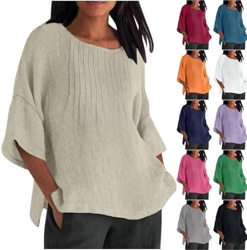 Linen Tops for Women Plus Size Babydoll Tops Crew Neck Pleated Hemp Tee Shirt Cute Summer Clothes Woman