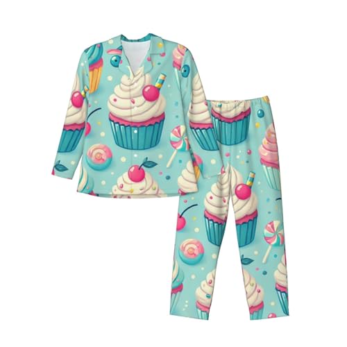 Mens Long Sleeves Pajama Set Blue Cupcake Muffin Cozy Two-Piece Loungewear For Nighttime Comfort,Casual Wear