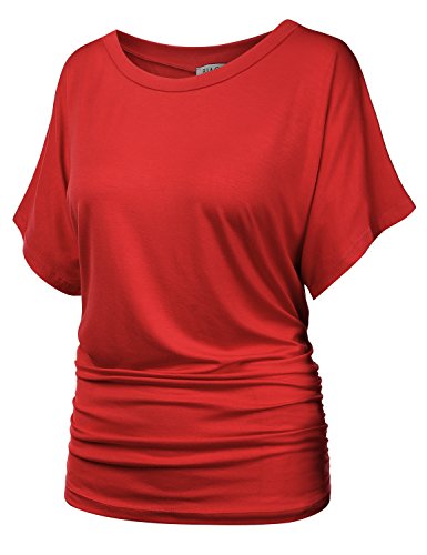 BIADANI Womens Short Sleeve Boat Neck Side Shirring Dolman Drape top