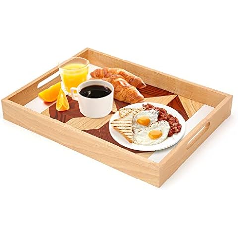 Prometis Rectangle Serving Decoration Tray Sturdy Wooden Handmade， Great for Dinner Tray/Coffee Table/Decoration Table Cover
