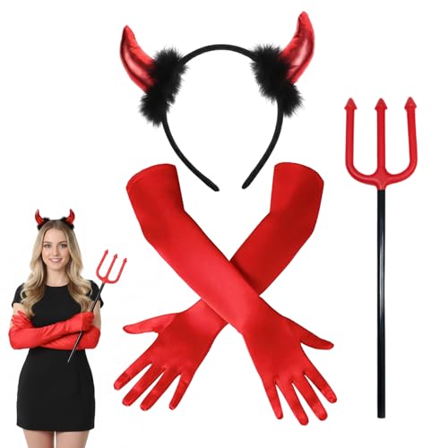 Teufel Kostüm Damen, Devil Kostüm Set, Haarreif, Handschuhen & Trident