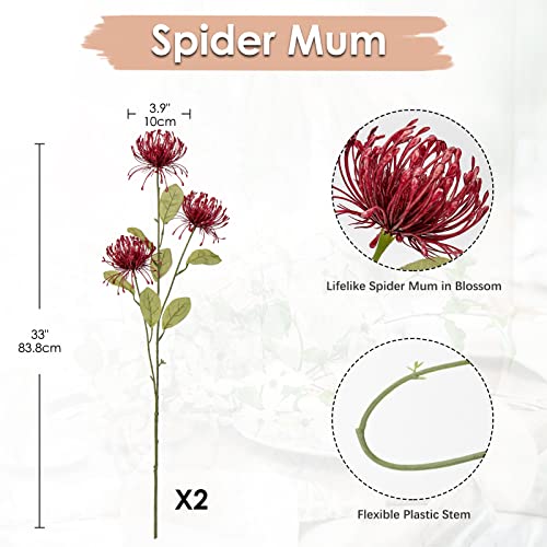 Hollyone Autumn Red Chrysanthemum Artificial Flowers, 33 Inch 2 Pcs Spider Mum Fake Flowers Arrangement with 3 Long Stem Heads for Centerpieces Bouquets Home Decor by Hollyone - Used condition - Image 2
