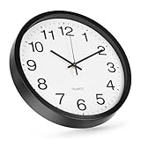 bakbrand Wall Clock 12 Inch Metal Finish Silent Non Ticking Indoor Clock Round Battery Operated Stainless Steel Wall Clocks for Home, Office, Living Room (White-Black, 12 Inch)