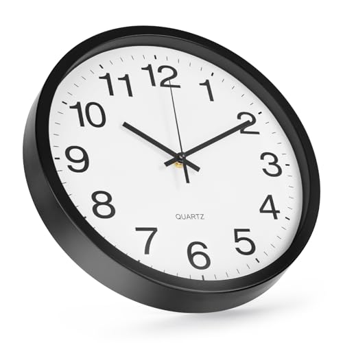 Wall Clock 12 Inch Metal Finish Silent Non Ticking Indoor Clock Round Battery Operated Stainless Steel Wall Clocks for Home, Office, Living Room (White-Black, 12 Inch)