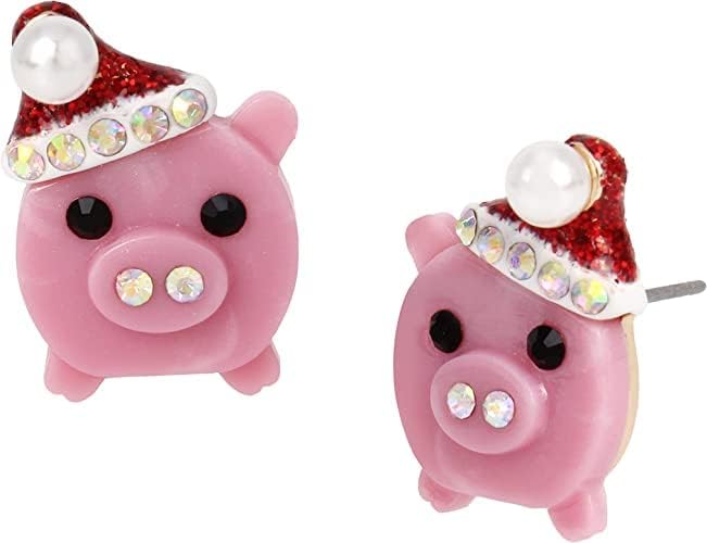 BETSEY JOHNSON HOLIDAY WHIMSY SANTA PIG STUD EARRINGS with Red Santa Hat Christmas Gift Idea XMAS Present Women's Earrings Super Cute