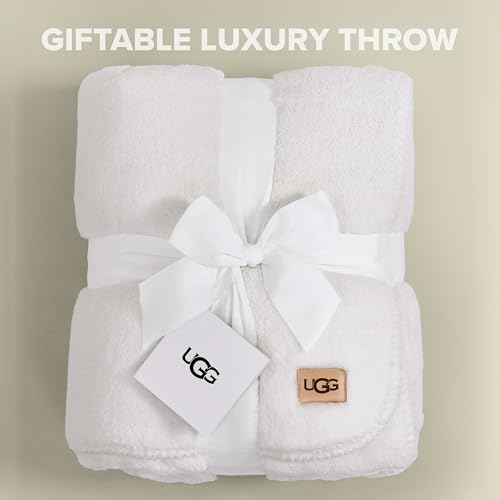UGG Whitecap Plush Throw Blanket Fleece Lightweight Soft Cozy Throw for Couch or Bed Luxury Home Decor for Living Room Washable Hypoallergenic Blankets for Dorm Decor, 50-inch x 70-inch, White Snow