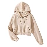 LOFAAC Women Fleece Full Zip Up Cropped Hoodie Sweatshirt 90s Long Sleeve Drawstring Hooded Crop Jacket Top(M,US,Women,Apricot)