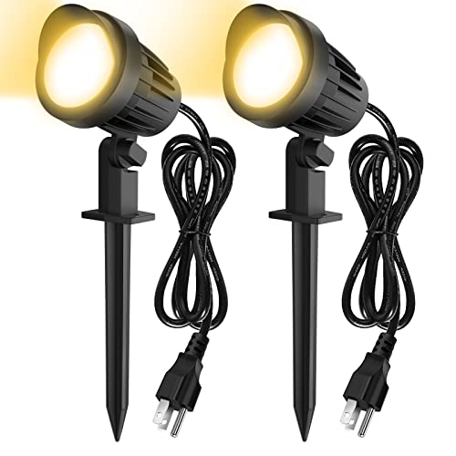 MEIKEE 9W LED Landscape Lights IP66 Waterproof Outdoor 110V Landscape Spotlight Pathway Lights for Yard, Lawn, Garden with US 3-Plug Warm White Lights (2 Pack)