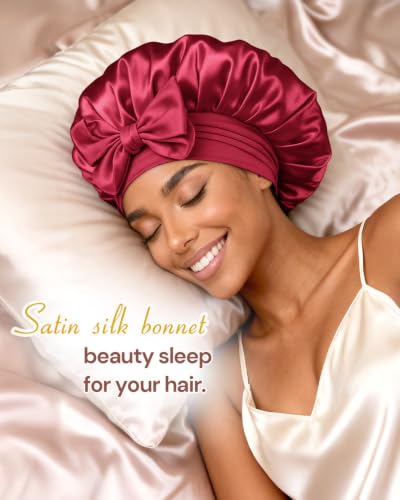 Image of BONNET QUEEN Satin Bonnet Silk Bonnet for Sleeping Women Hair Bonnet Night Sleep Cap Scarf Wrap for Curly Hair with Tie Band Red Burgundy