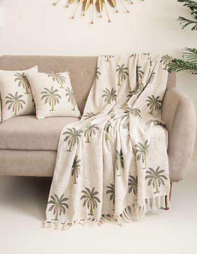 Image of Handwoven Cotton Sofa Throw Blanket 50x70 Inch with 2 pcs Cushion Covers 16x16 Inches Beige (Pack of 3, Palm Tree)