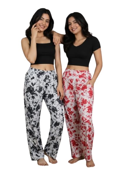 Women's Printed Pyjama Pants, Splatter Print, Elasticated Waist, Pack of 2, free size-picture-55