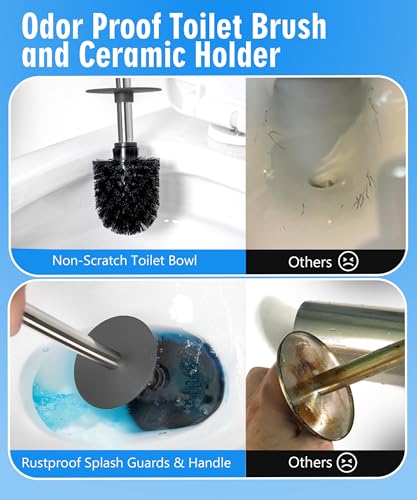 Image of White Ceramic Toilet Brush and Holder Set, Freestanding Toilet Bowl Cleaners Brush, Scrubber Brush for Toilet, Bathroom Accessories with Stainless Handle, Deep Cleaning