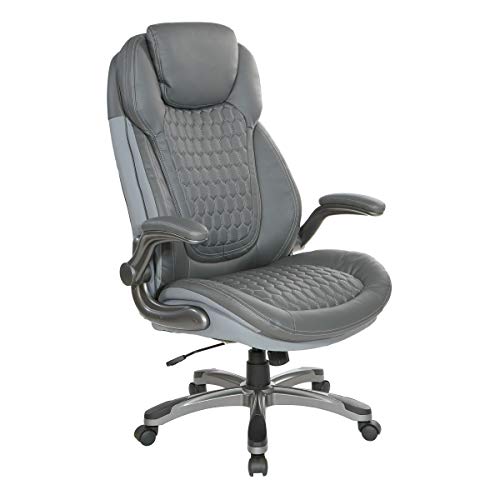 Office Star Ech Series Deluxe Executive High Back Bonded Leather Chair With Adjustable Seat And Padded Flip Arms, Grey With Titanium Nylon Base #TOP11