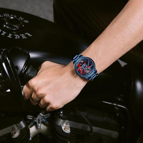 Image of FANMIS Men's Racing Car Wheel Watch 3D Spinning Dial Stainless Steel Watch | Creative 3D Spinning Car Quartz Large Skeleton Face and 30M Water Resistance Designed for Car Fans and Daily Wear.