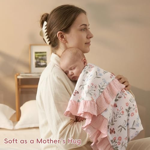 Image of david's kids Flounce Muslin Baby Blanket for Girls Boys, 100% Cotton Soft Crib Swaddle Blankets, Reversible & Breathable Nursery Bedding for Newborns Toddlers, 47 x 47 Inches (Garden)