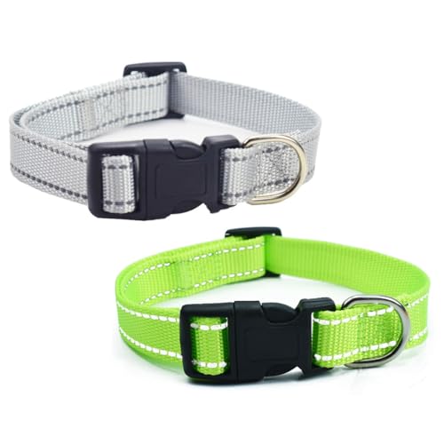 Collare per animali domestici 2 pezzi, collare per cani in nylon riflettente, collare regolabile e traspirante, verde e grigio, taglia M (30-45 cm), adatto a cani di taglia piccola, media e grande.