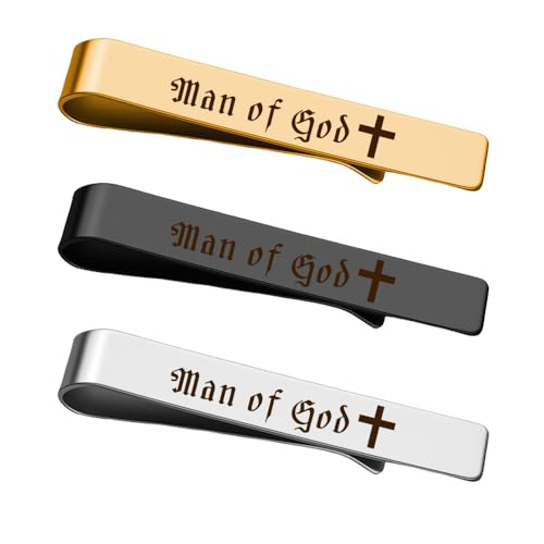 Man of God Gift Set - Mens Christian Christmas Birthday Gifts for Boyfriend Husband Christian Tie Clip for Men Boys Son Grandson Inspriational Gifts for Brother Cousin Godson Godfather Tie Clips 3 Pcs