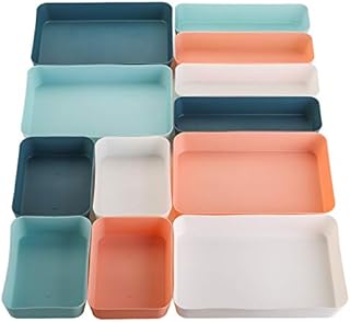 Suwimut 12 Pieces Plastic Desk Drawer Organizer and Storage, Large Size Stackable Vanity Desk Drawer Organizers Bins Trays Set Drawer Dividers for Makeup Office Bathroom Dresser Kitchen, 4 Colors