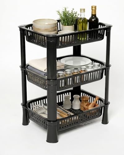 Image of U-Max Multi Tire Kitchen Storage Rack, Plastic Utility Shelf Organiser, Space Saving Storage Solution, Revolving Vegetable Rack (Black-Regular, 3)