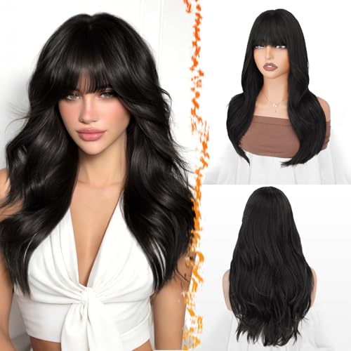 BARSDAR Natural Black Layered Wig with Bangs - 20 Inch