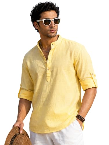 Image of Majestic Man Men's Pure Cotton Solid Mandarin Collar Slim Fit Roll-Up Sleeves Short Kurta Lightweight Summer Kurta for Daily & Occasion Use