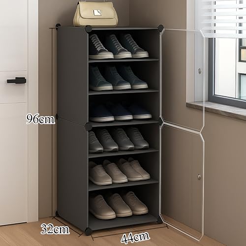 Image of AYSIS Plastic Shoe Rack for Home | 𝟔 𝐒𝐡𝐞𝐥𝐟 DIY Shoe Rack with Door for Home Storage Plastic Box Organizer, Metal Door Frame, Chappal Slipper Sandals Stand (Grey, 6-Shelf-2-Door)